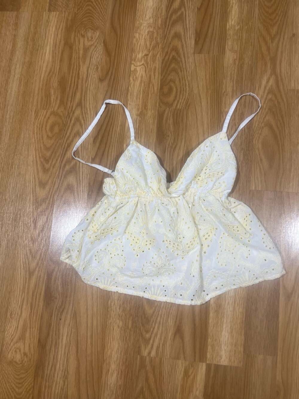 Subdued White and Yellow Broderie Anglaise Ruffle Hem Camisole Top